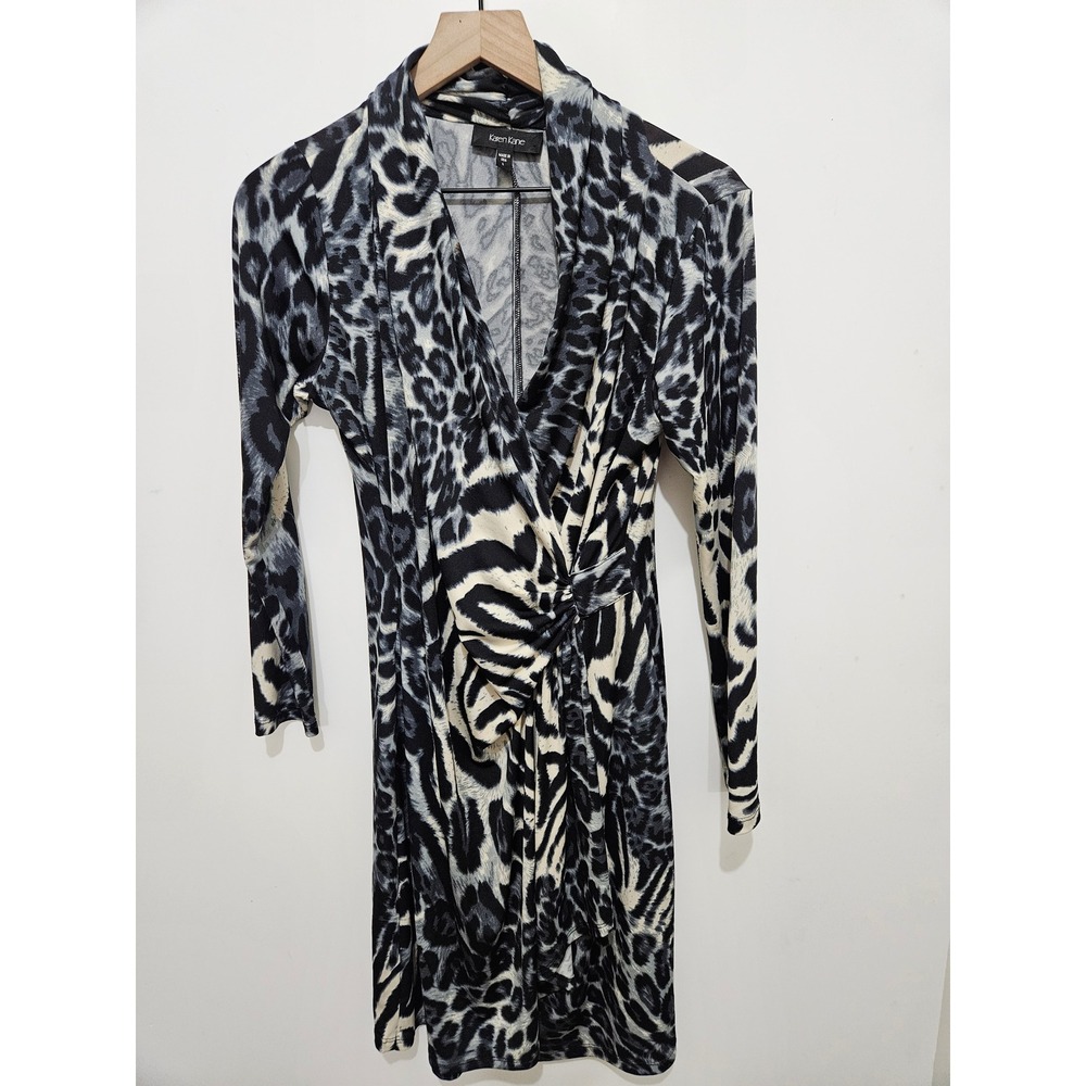 Karen Kane Womens Grey Black‎ Leopard Print Faux Wrap Dress Long Sleeve Size L
